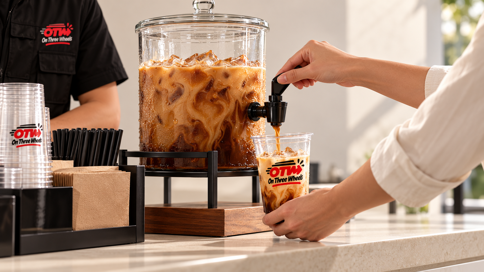 Ilustrasi tamu mengambil minuman dari dispenser dengan pendampingan kru OTW.